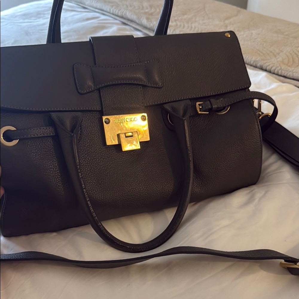 Jimmy Choo Black and Gold Satchel with Structured Design